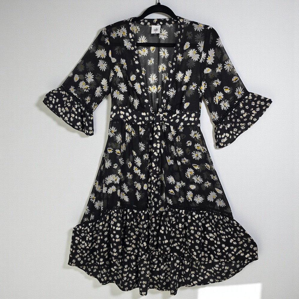 Cabi Kimono Duster Cardigan Dress Woman XS Black Daisy Print Sheer Boho Romantic
